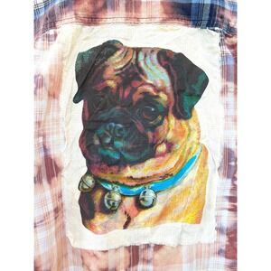 Upcycled Flannel Pug Patch Shirt Blue Plaid Folk Art Boho Large